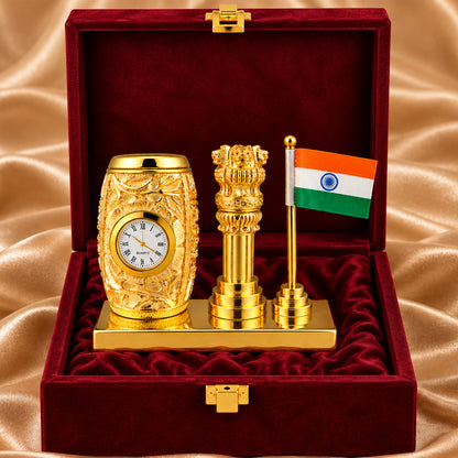 24K Gold-Plated Ashoka Stambh Pen Stand | Premium Gift Box | 12x15 CM