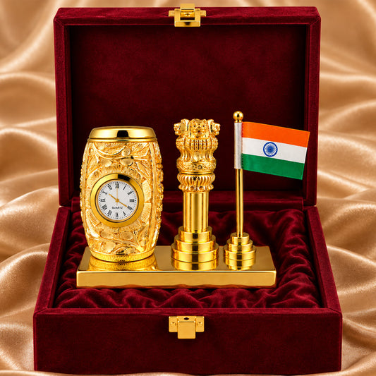 24K Gold-Plated Ashoka Stambh Pen Stand | Premium Gift Box | 12x15 CM