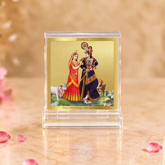 24K Gold-Plated Radha Krishna with Cow Acrylic Car Dashboard Frame | 6x5 CM