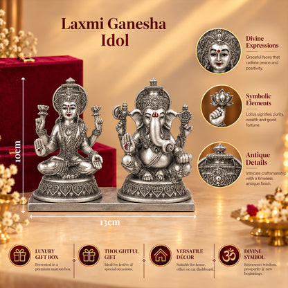 999 Silver-Plated Antique Laxmi Ganesha Idol | Premium Gift Box | 10x13 CM