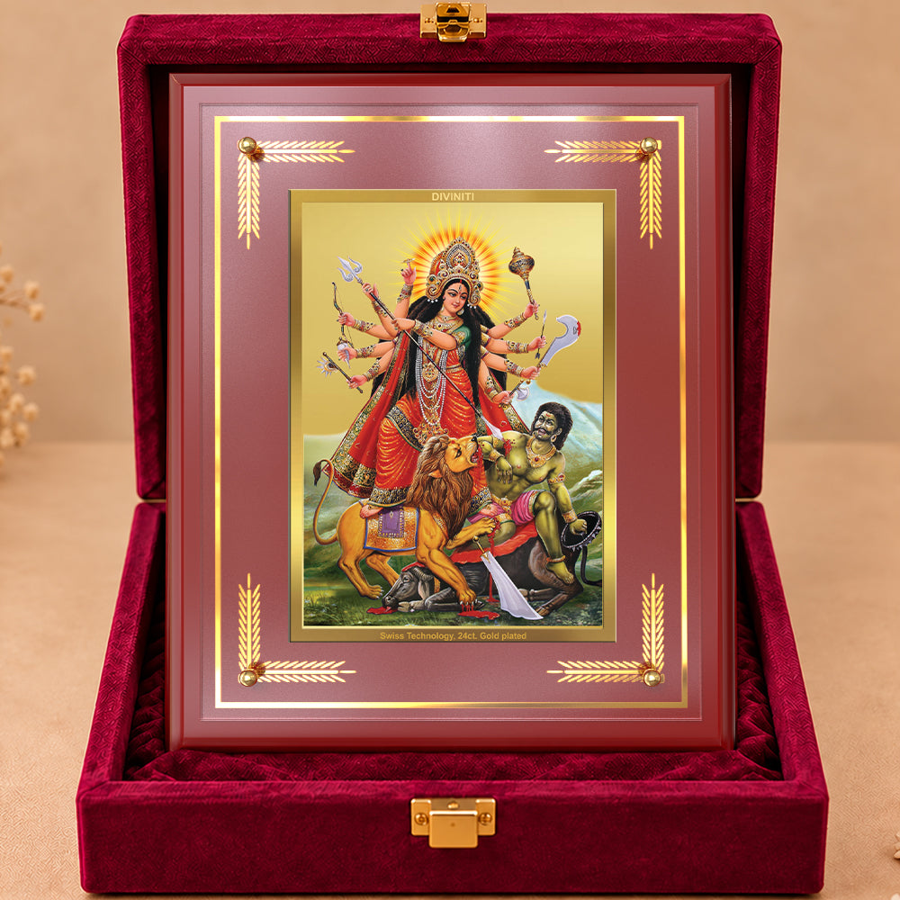 24K Gold-Plated Mahishasura Mardini MDF Frame | Premium Gift Box | 27x35 CM