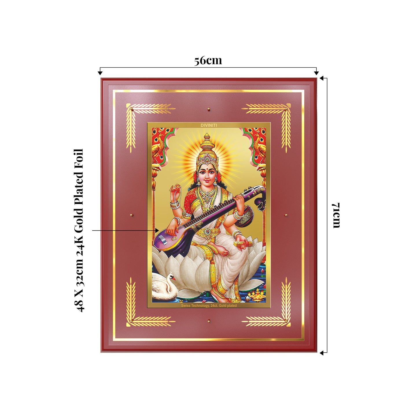 Goddess Saraswati | Divine Mother of Wisdom & Arts Wall Mount Photo Frame in 24K Gold Plated Foil