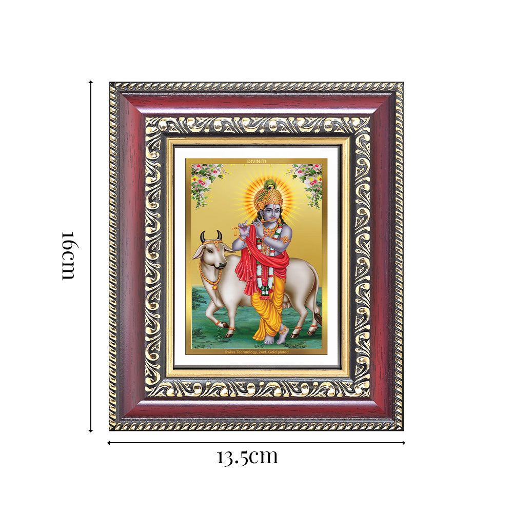 Diviniti 24K Gold Plated Krishna With Surbhi Cow |Divine Table Top Frame for Home Mandir & Office Decor | Luxury Spiritual Gift