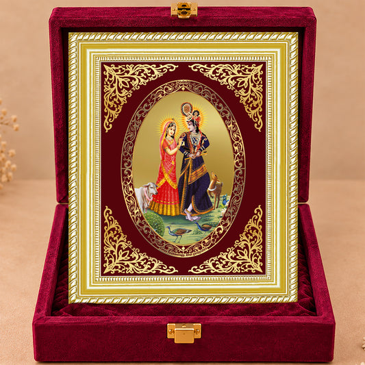 24K Gold-Plated Radha Krishna with Cow Frame | Premium Gift Box | 35x27 CM