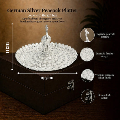 Diviniti Silver Peacock German Silver Platter with Gift Box showcasing peacock design and elegant details.