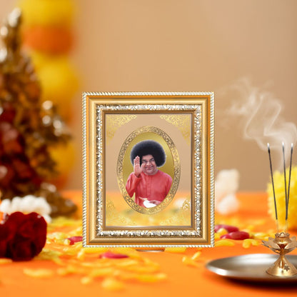 Satya Sai Baba Divine Spiritual Guidance & Seva Sacred Royal Tabletop Frame in 24K Gold Plated Foil