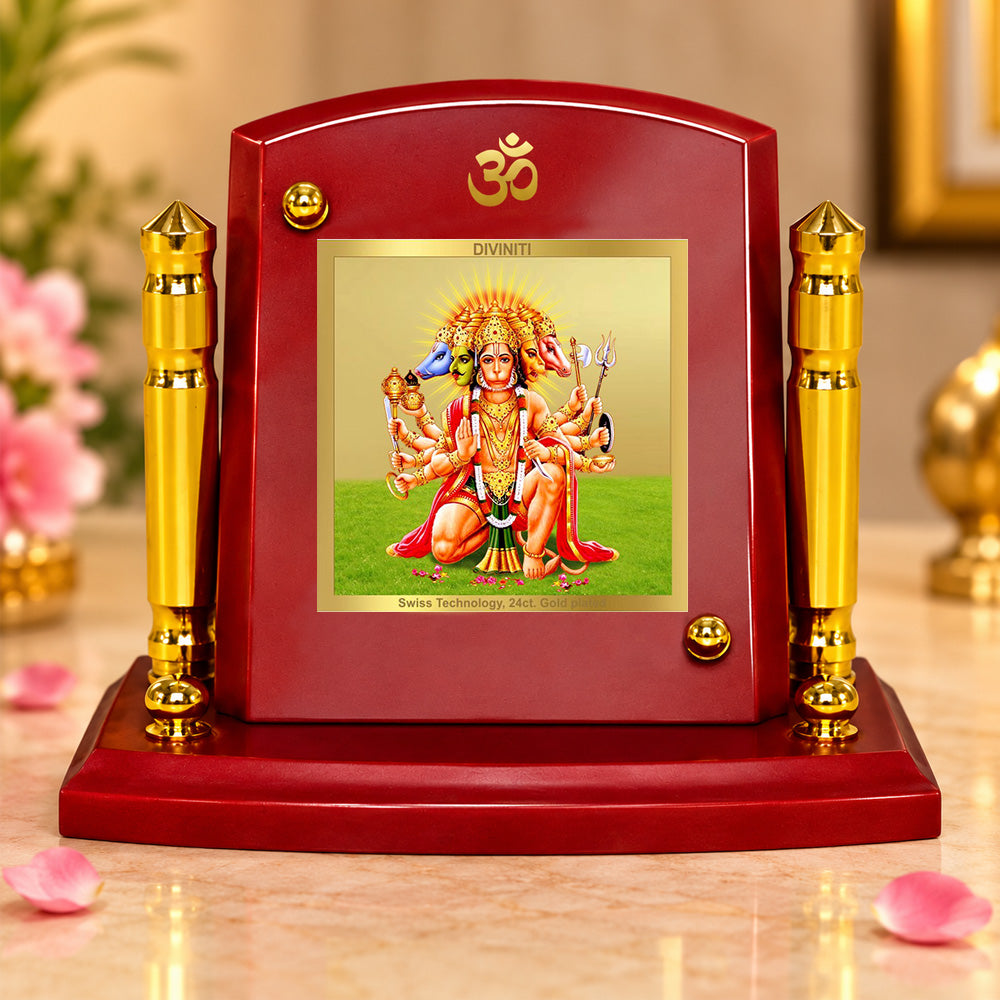 24K Gold-Plated Panchmukhi Hanuman MDF Car Dashboard Frame | 7.5x9 CM