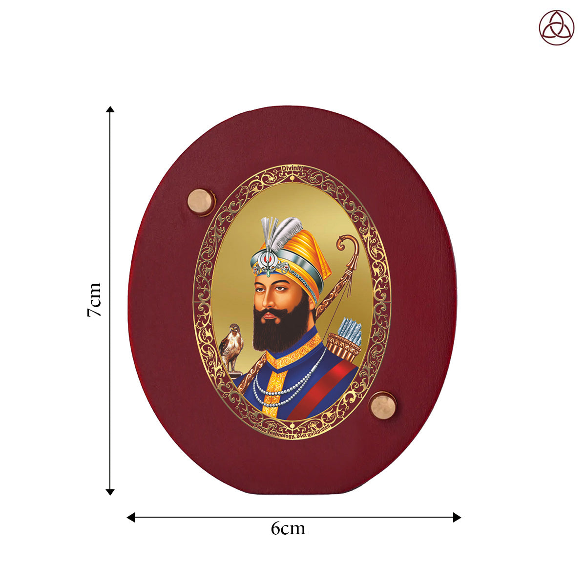 Guru Gobind Singh Ji Car Dashboard & Tabletop Photo Frame, 24K gold-plated, 7x6 cm, intricate design.