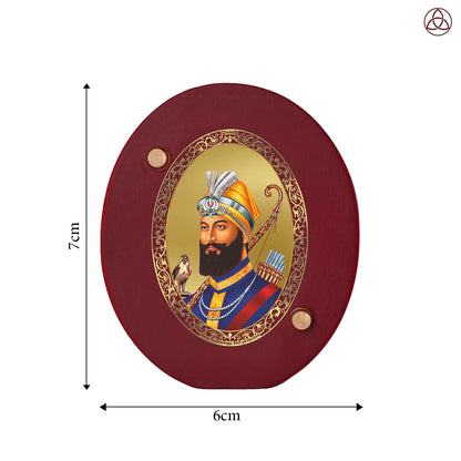 Guru Gobind Singh Ji Car Dashboard & Tabletop Photo Frame, 24K gold-plated, 7x6 cm, intricate design.