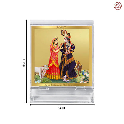 24K Gold-Plated Radha Krishna with Cow Car Dashboard Acrylic Frame | 6x5 CM