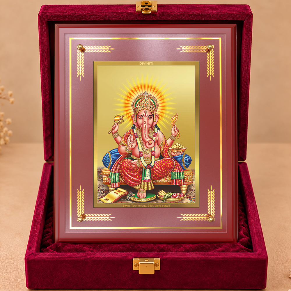 24K Gold-Plated Lord Ganesha MDF Frame | Premium Gift Box | 27x35 CM
