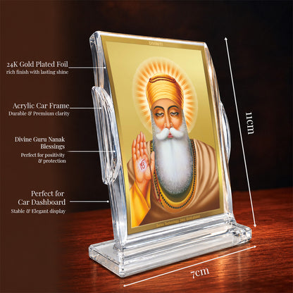 24K Gold-Plated Guru Nanak Dev Ji Acrylic Car Dashboard Frame | 11x7 CM