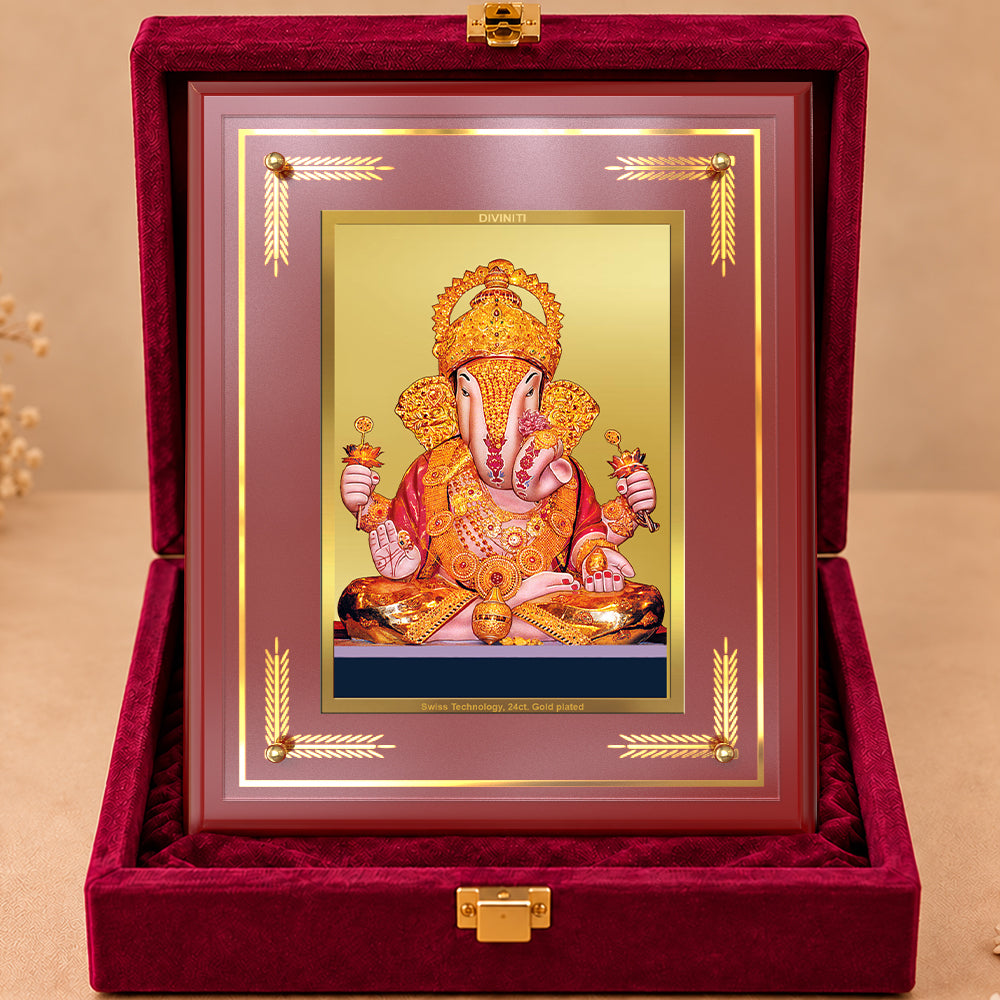 24K Gold-Plated Dagadu Ganesha MDF Frame | Premium Gift Box | 27x35 CM