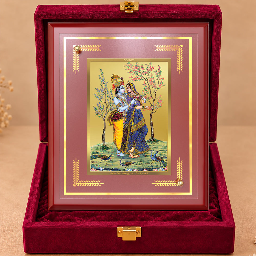 24K Gold-Plated Radha Krishna & Peacock MDF Frame | Premium Gift Box | 26x20 CM