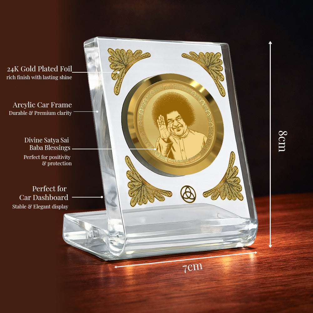 Satya Sai Baba Diviniti Premium Gold on Gold Car Dashboard Frame with 24K gold plated foil in a crystal clear acrylic frame.