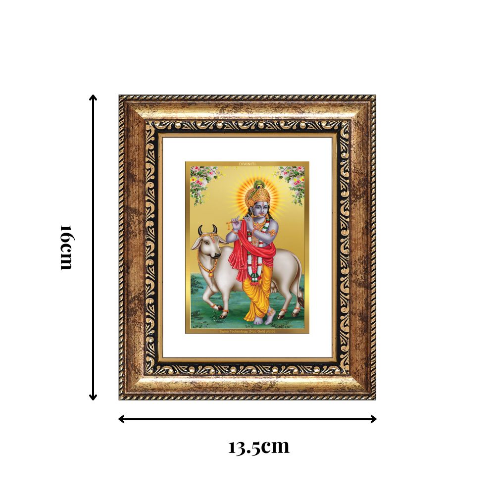Diviniti 24K Gold Plated Krishna With Surbhi Cow Divine Table Top Frame for Home Mandir & Office Decor | Luxury Spiritual Gift