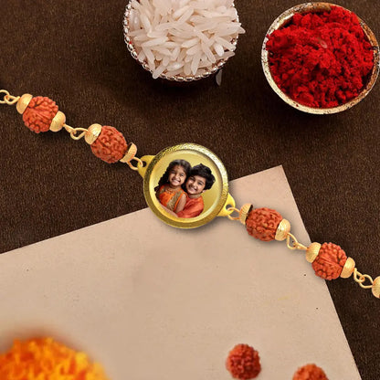 Personalized Rudraksha Rakhi with 18MM 24K Gold Plated Foil Divine Raksha Bandhan Gift