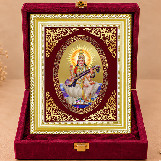 24K Gold-Plated Saraswati Mata Frame | Premium Gift Box | 35x27 CM