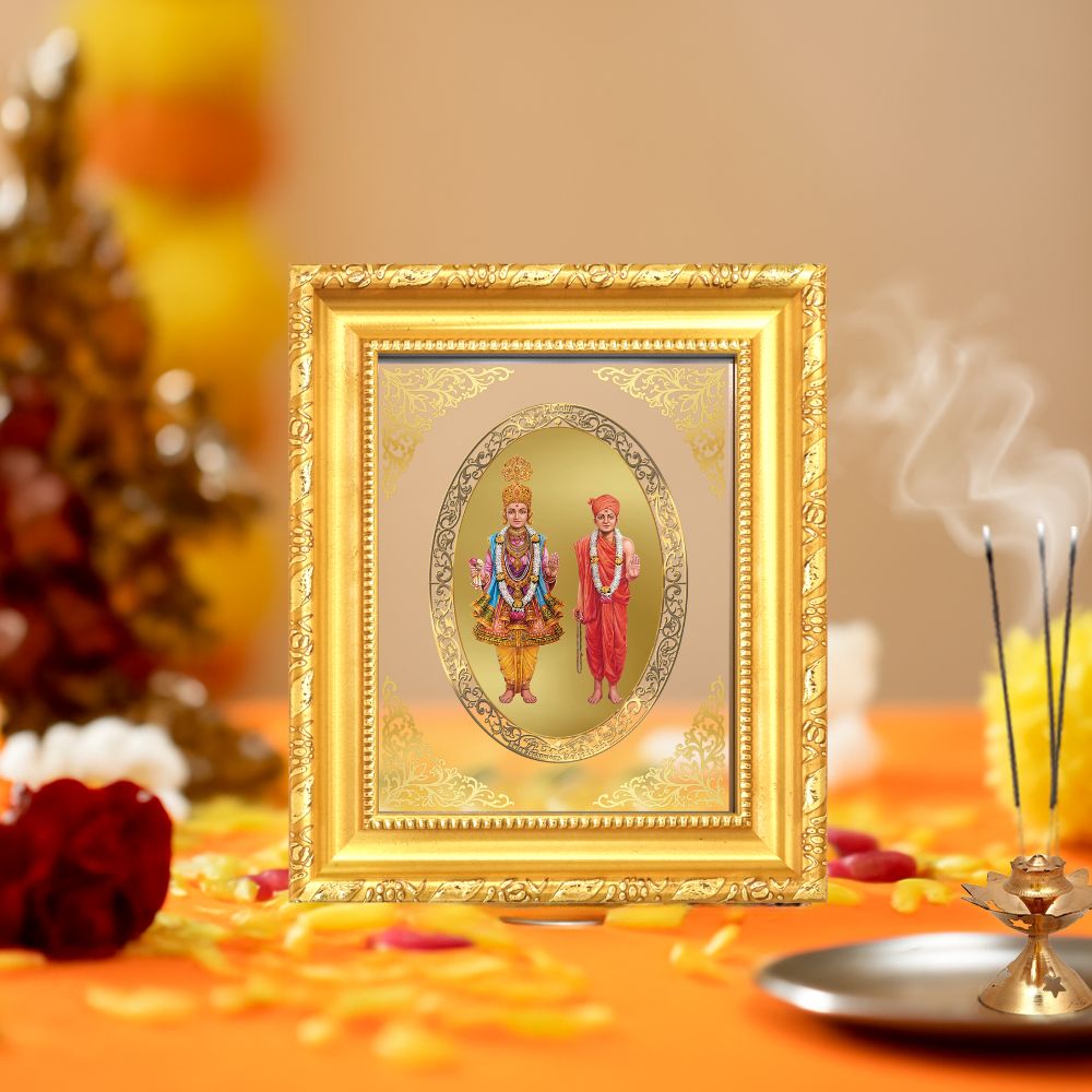 Swaminarayan Bhagwan Divine Discipline & Devotion Sacred Royal Tabletop Frame in 24K Gold Plated Foil