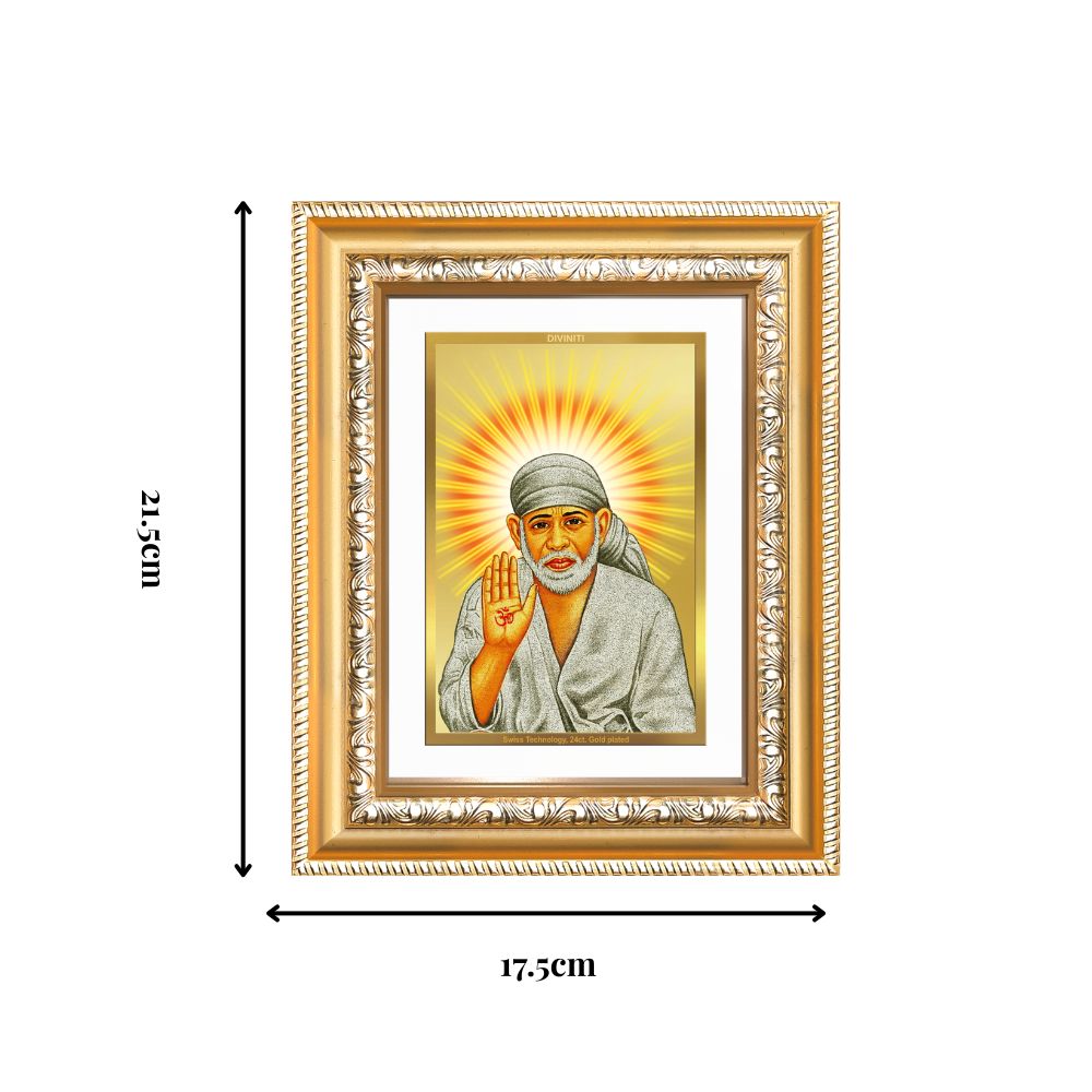 Diviniti 24K Gold Plated Sai Baba With Blessings (Classic) Divine Wall and Table Top Frame for Home Mandir & Office Decor | Luxury Spiritual Gift