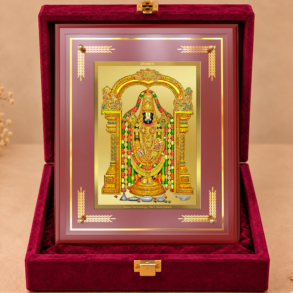 24K Gold-Plated Lord Tirupati Balaji MDF Frame | Premium Gift Box | 27x35 CM