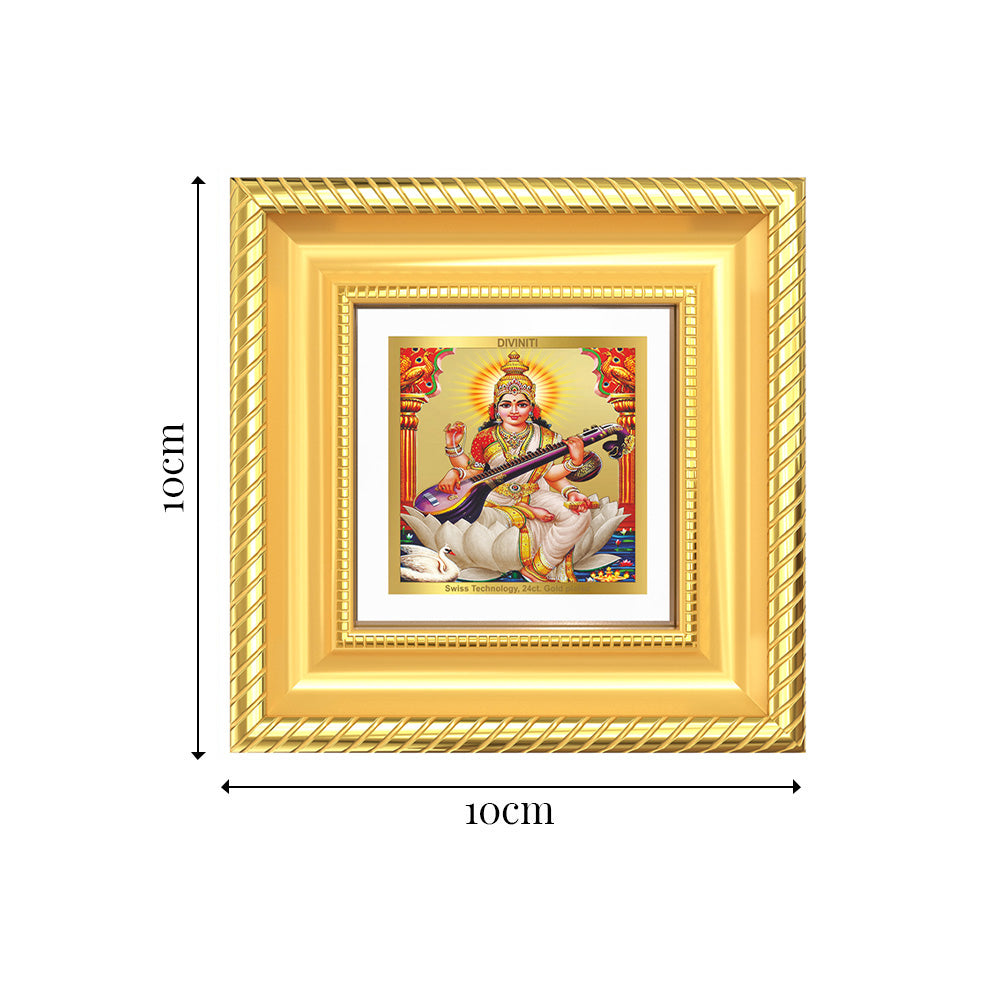 Diviniti Goddess Saraswati Mata Tabletop Photo Frame in 24K Gold Plated Foil | Knowledge, Wisdom & Divine Inspiration | DG015S1A (10x10 CM)