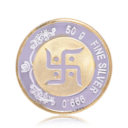 DIVINITI Pure Silver Coin with 24K Gold Plated Laxmi Ganesh & Swastik Exquisite Emblem of Wealth and Blessings for Home & Office Décor, Puja Room Diwali Gift (50g)