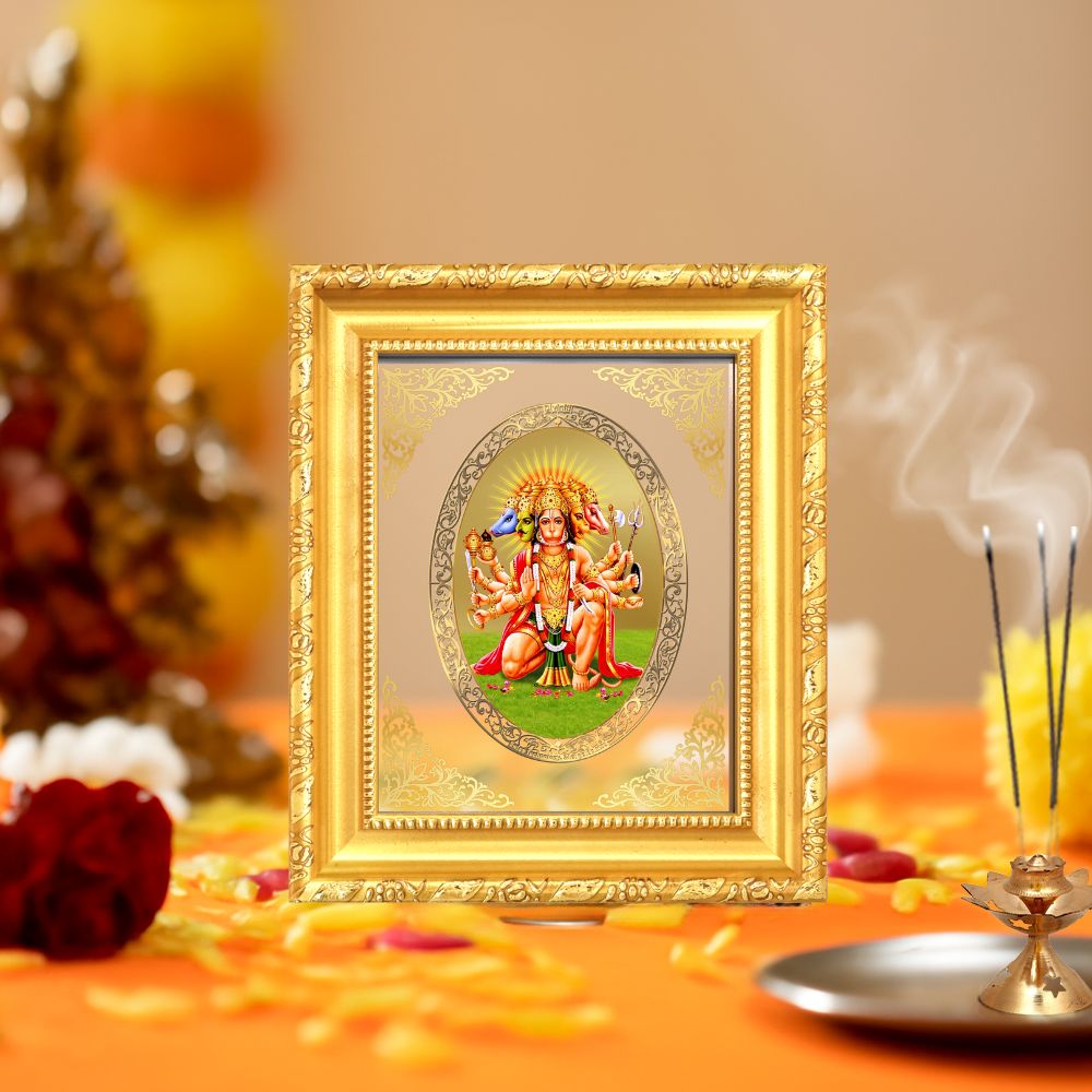 Panchmukhi Hanuman Divine Five-Faced Protection Sacred Royal Tabletop Frame in 24K Gold Plated Foil