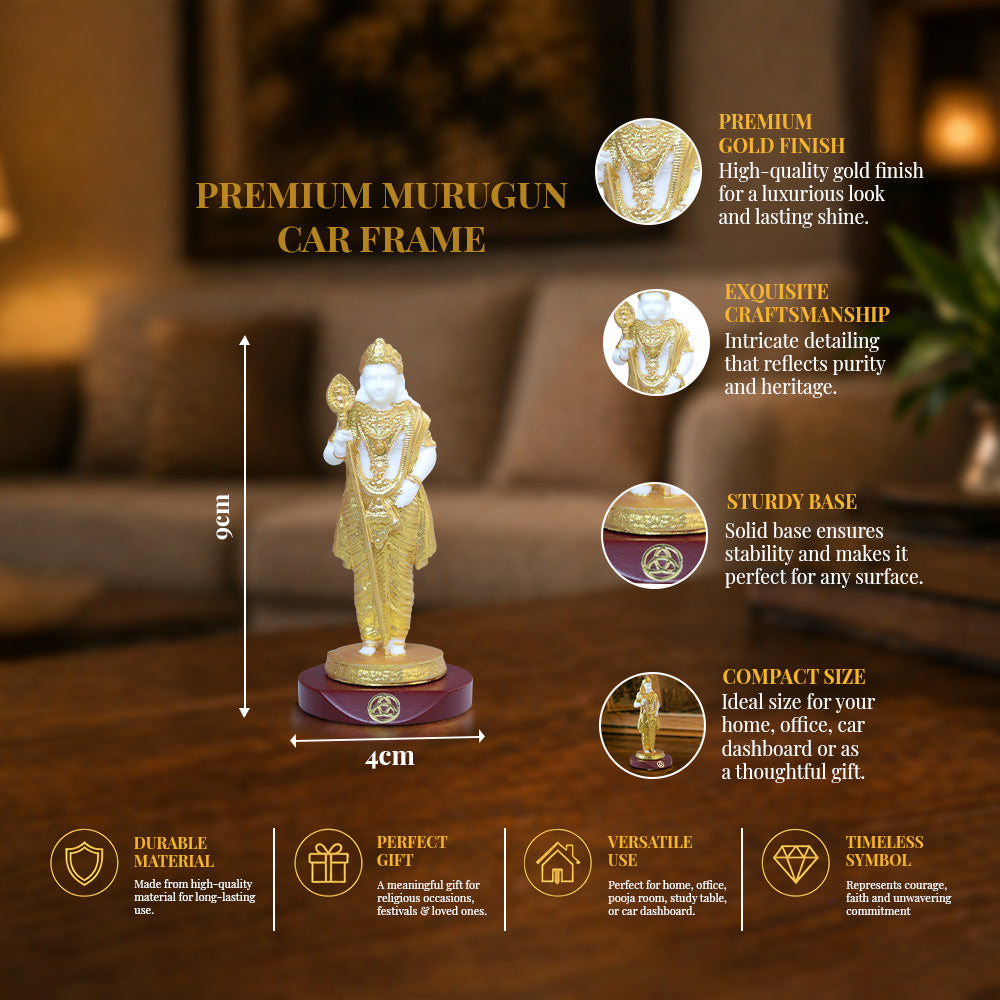 24K Gold-Plated Lord Murugan Resin Idol for Car Dashboard & Home Decor | Premium Gift Box | 9x4 CM