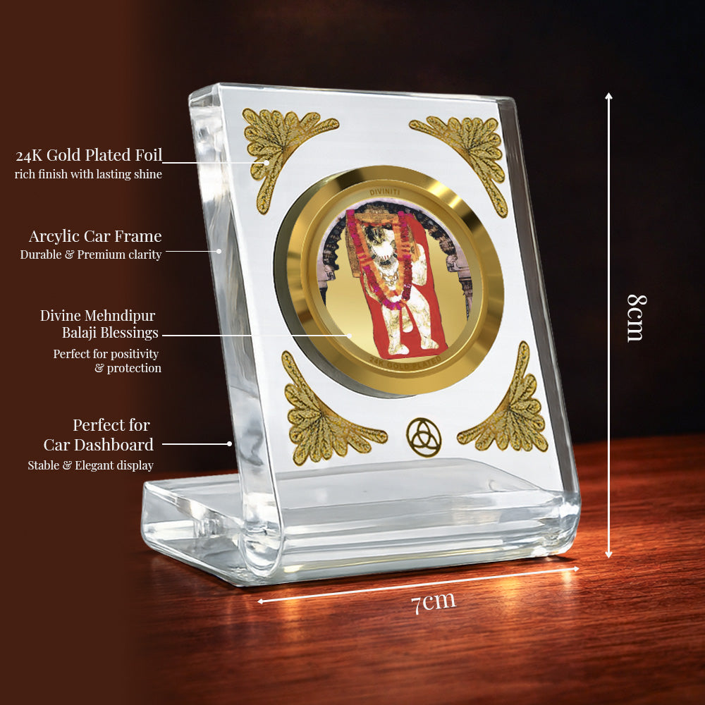 Diviniti 24K Gold Plated Mehndipur Balaji Acrylic Car Dashboard Frame | Protection, Strength & Divine Blessings for Car, Home, Tabletop & Puja Room | Faith & Positivity (ACF1CH)