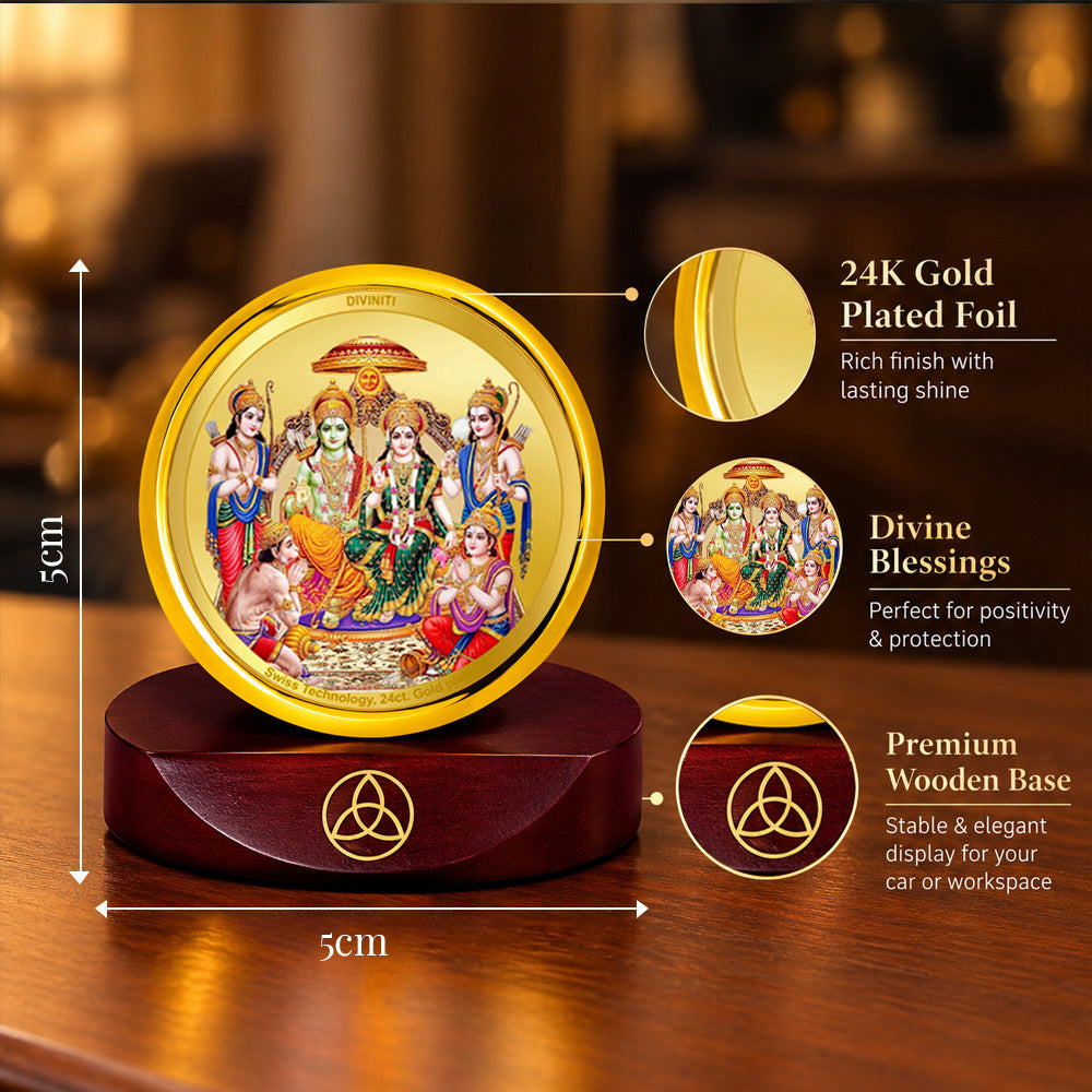 24K Gold-Plated Ram Darbar Car Dashboard Frame | 5x5 CM