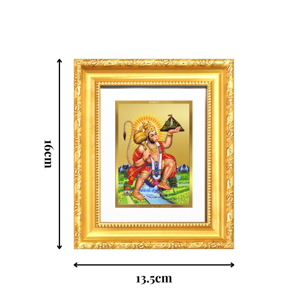 Diviniti 24K Gold Plated Hanuman With Mountain |Divine Table Top Frame for Home Mandir & Office Decor | Luxury Spiritual Gift
