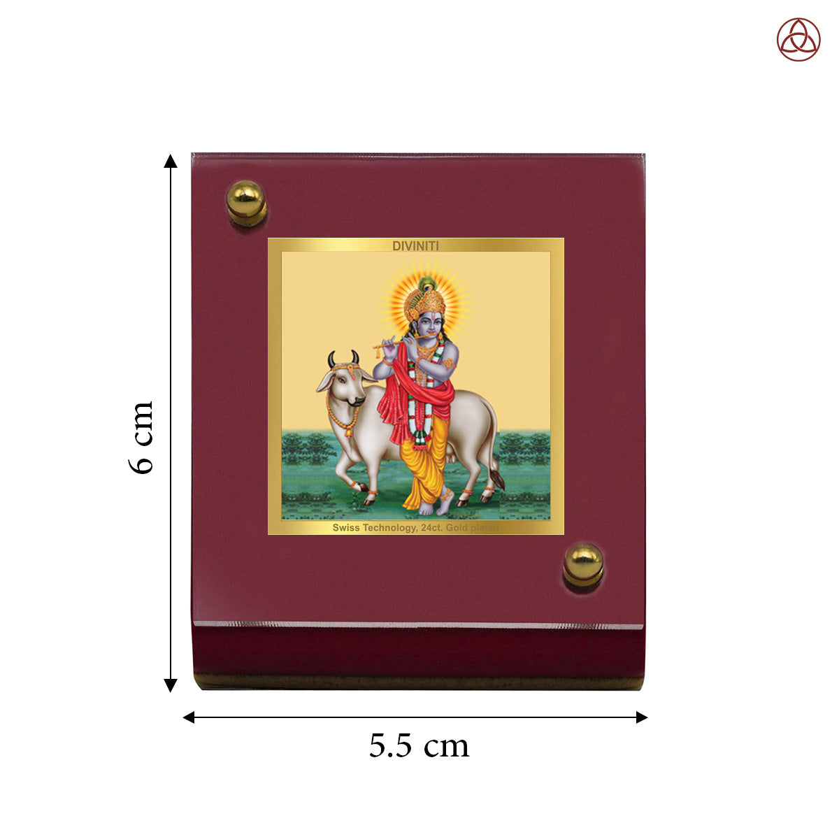 Krishna with Surbhi Cow | Divine Lord Krishna Car Dashboard & Tabletop Photo Frame in 24K Gold Plated Foil