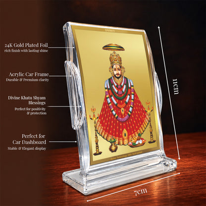 24K Gold-Plated Khatu Shyam Ji Acrylic Car Dashboard Frame | 11x7 CM