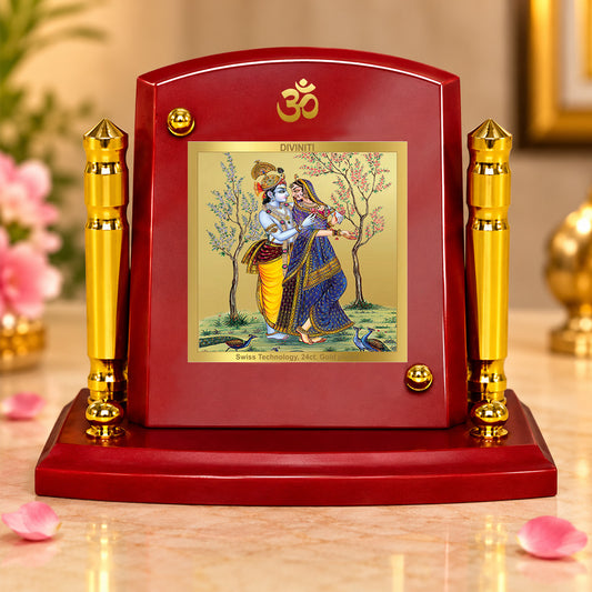 24K Gold-Plated Radha Krishna with Peacock MDF Car Dashboard Frame | 7.5x9 CM