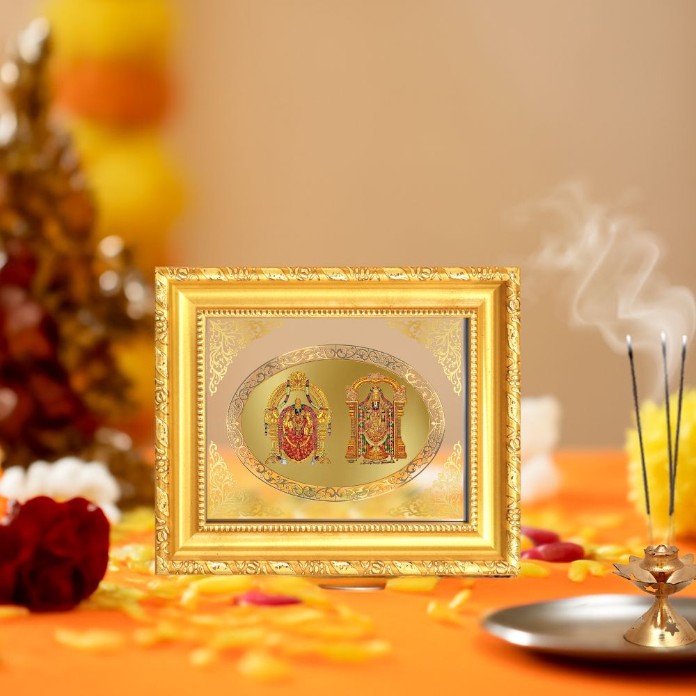 Lord Balaji & Goddess Padmavati Divine Tirupati Sacred Blessings Royal Tabletop Frame in 24K Gold Plated Foil