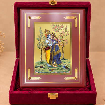 24K Gold-Plated Radha Krishna with Peacock MDF Frame | Premium Gift Box | 27x35 CM