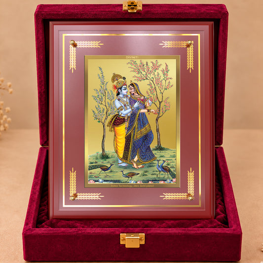 24K Gold-Plated Radha Krishna with Peacock MDF Frame | Premium Gift Box | 27x35 CM