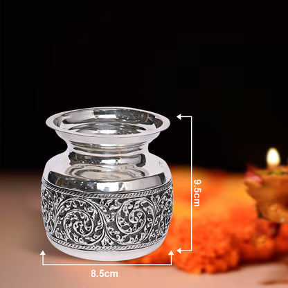 Pure Silver Kalash Lota Vintage Ritual Urn, Sacred Pooja Essential, Handcrafted Temple Art (8.5x6.5x9.5 cm, 196g)