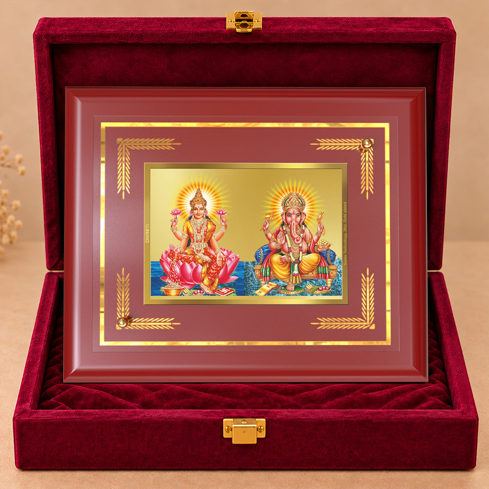 24K Gold-Plated Lakshmi Ganesha MDF Frame | Premium Gift Box | 16x13.5 CM