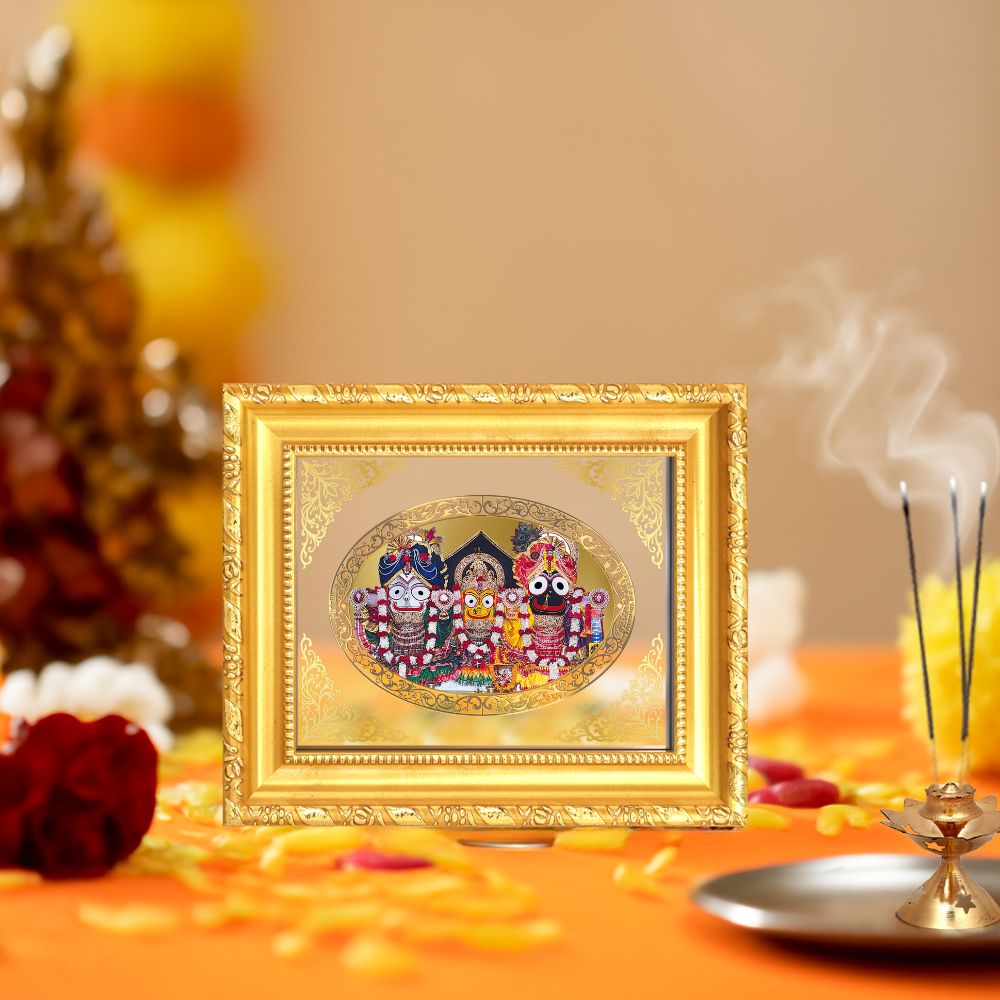 Lord Jagannath Balabhadra Subhadra Divine Puri Trinity Sacred Royal Tabletop Frame in 24K Gold Plated Foil