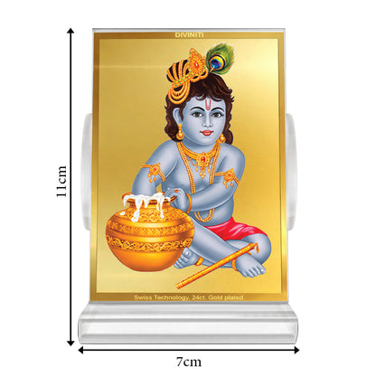 Makkan Gopal | Divine Lord Krishna Car Dashboard & Tabletop Photo Frame in 24K Gold Plated Foil