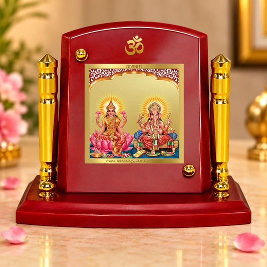 24K Gold-Plated Lakshmi Ganesha MDF Car Dashboard Frame | 7.5x9 CM