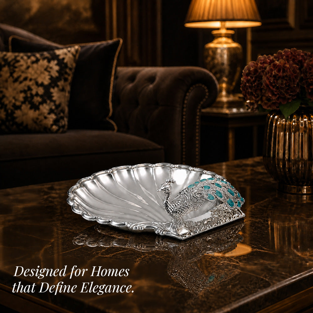 Diviniti Peacock German Silver Dry Fruit Bowl with Gift Box displayed on beautiful table
