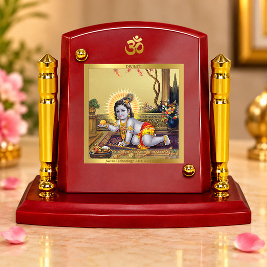 24K Gold-Plated Laddu Gopal MDF Car Dashboard Frame | 7.5x9 CM