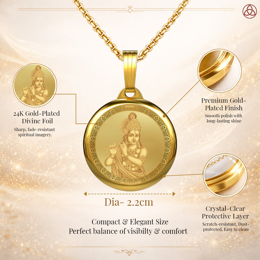 DIVINITI 24K Gold Plated Lord Krishna & Sacred Yantra Pendant – 22mm Double-Sided Spiritual Pendant