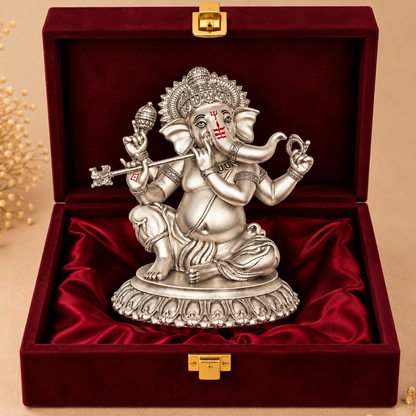 999 Silver-Plated Antique Bansuri Ganesha Idol | Gift Box | 16x14 CM