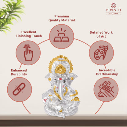 Diviniti 999 Silver Plated Lord Ganesha Idol for Car Dashboard Tabletop for Home Decor Mandir Puja Gift Silver & Gold (8.4x4.2cm)