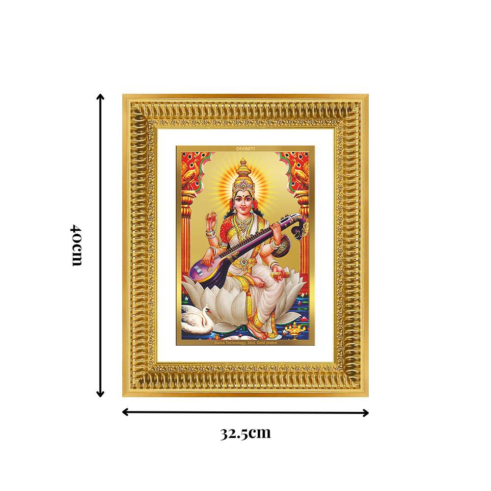 Diviniti 24K Gold Plated Saraswati Mata (Classic) Divine Wall Frame for Home Mandir & Office Decor | Luxury Spiritual Gift