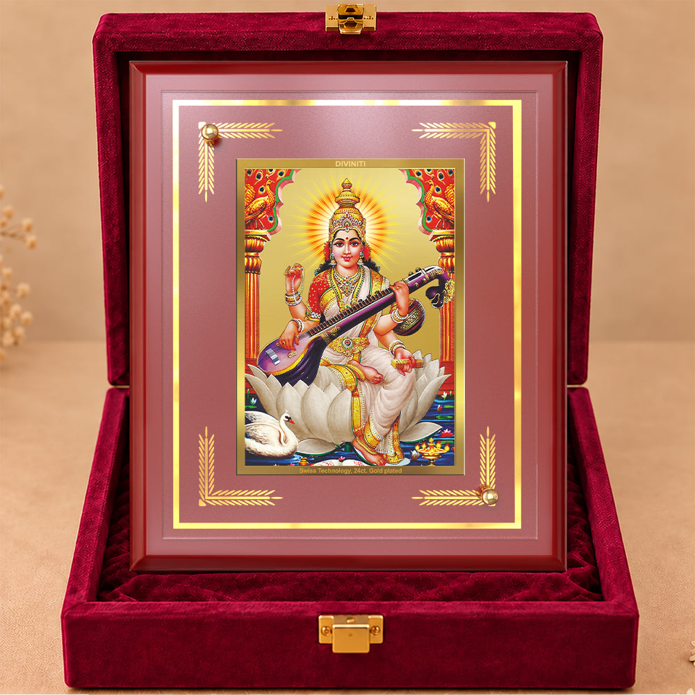 24K Gold-Plated Saraswati MDF Frame | Premium Gift Box | 22 X 18 CM